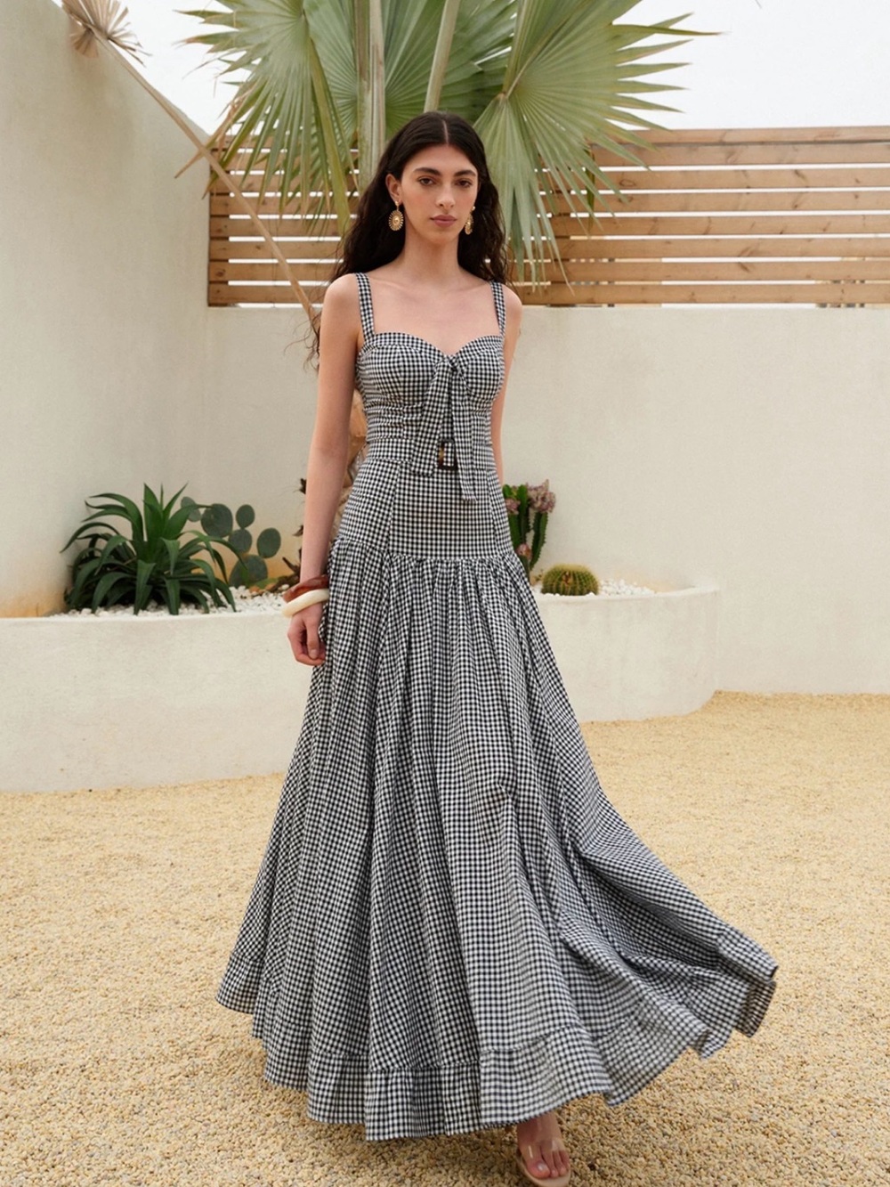 Commense Black & White Gingham Tie-Front Maxi Dress